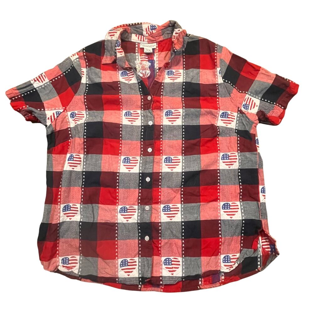 Country Store 1X Plaid Patriotic Shirt Red White Blue Heart Print Cotton Top